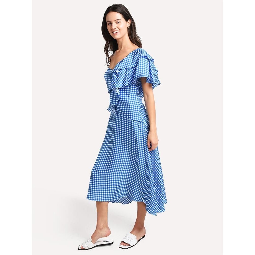 Paper London Silk Gingham One Shoulder Midi Dress UK 12 Blue White